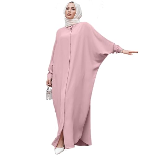 AWIBMK Women Abayas Dubai Kaftan Henley Shirt Prayer Maxi Dress Muslim Batwing Sleeve Ramadan Islamic Clothes - Pink - One Size