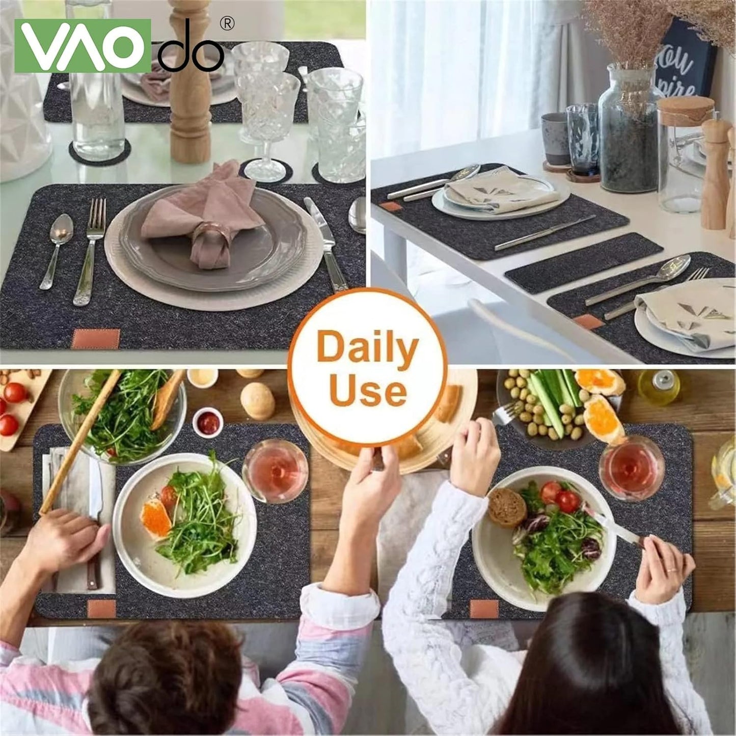 VAODO 24 Pcs Felt Placemats for Dining Table, Non-Slip and Heat-Resistant Placemats Set of 8, Contains 8 Placemats, 8 Coasters and 8 Cutlery Bags, Suitable for Gathering, Friends Party, Dark Gray