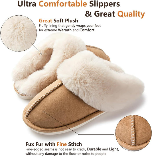 Women's Winter Slippers Plush Fuzzy House Bedroom Slippers, Warm Non-Slip Indoor Outdoor Shoes for Couples
