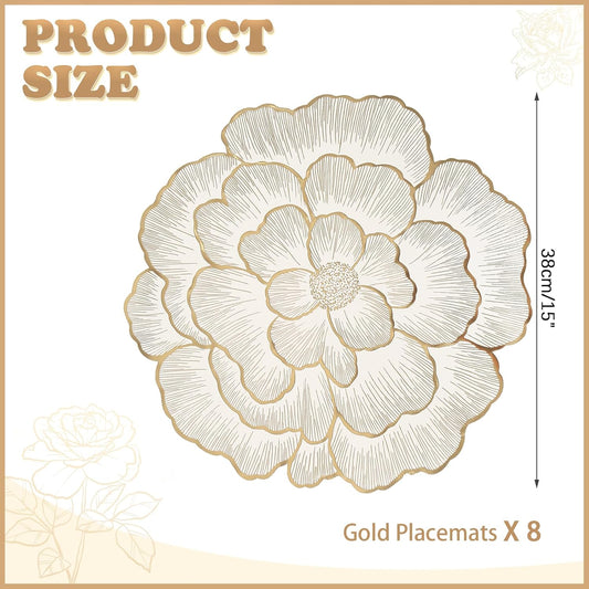 Gold Placemats Set of 8, Rose Round, 15 Inch Non-Slip Wipeable Table Mats for Dining Table, Wedding, Party Decorations