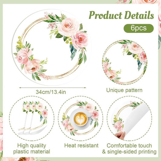 6 Pcs Pink Rose Floral Round Placemats, Washable Plastic Place Mats Spring Summer Floral Table Mats for Indoor Outdoor Kitchen Restaurant Party Wedding Anniversary Decoration(13.4 Inch)