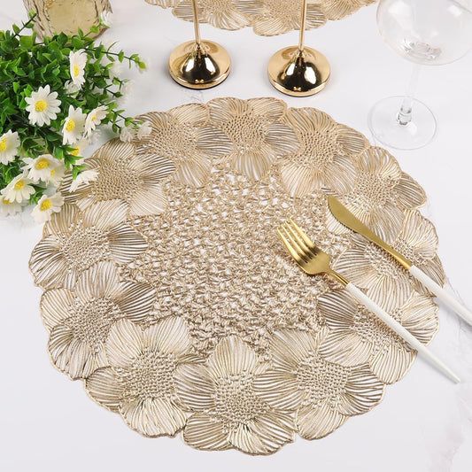 NALACAL Gold Round Placemats for Dining Table, Set of 6 Non-Slip Vinyl Mats, Washable Hollow Out Metallic Place Mats for Wedding Party Dining Table Kitchen Decorations