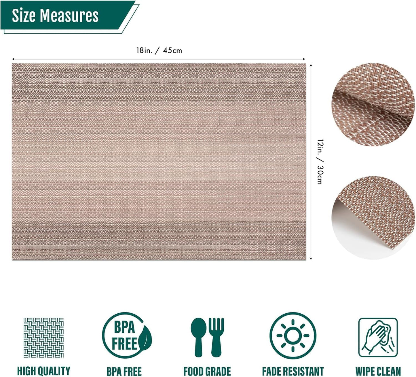 Placemats Set of 6 - Heat Resistant Non-Slip PVC, Washable Vinyl Dining Table Mats, 45x30cm, Stain Resistant & Machine Washable (Coffee Brown) | سجادة طاولة مقاومة للحرارة