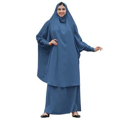 Prayer Clothes for Muslim Women Islamic Abaya Suit Maxi Skirt + Khimar Hijab 2pcss Burka Jilbab Kaftan - Blue - One Size