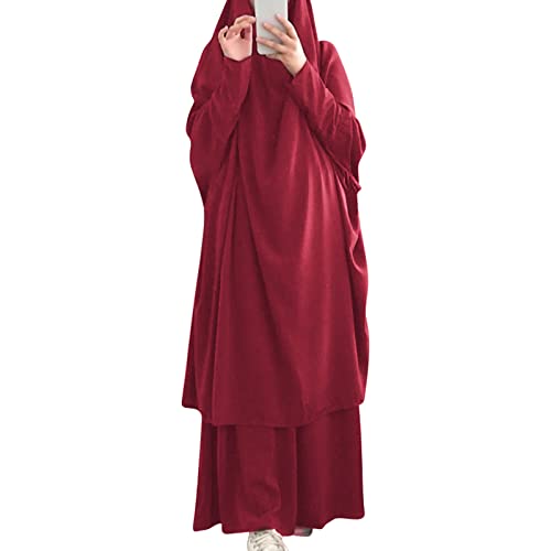 Prayer Clothes for Muslim Women Islamic Abaya Suit Maxi Skirt + Khimar Hijab 2pcss Burka Jilbab Kaftan - Wine Red - One Size
