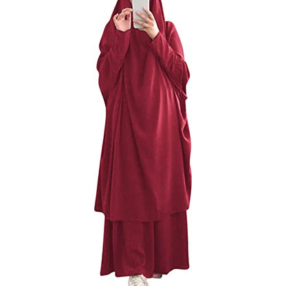 Prayer Clothes for Muslim Women Islamic Abaya Suit Maxi Skirt + Khimar Hijab 2pcss Burka Jilbab Kaftan - Wine Red - One Size