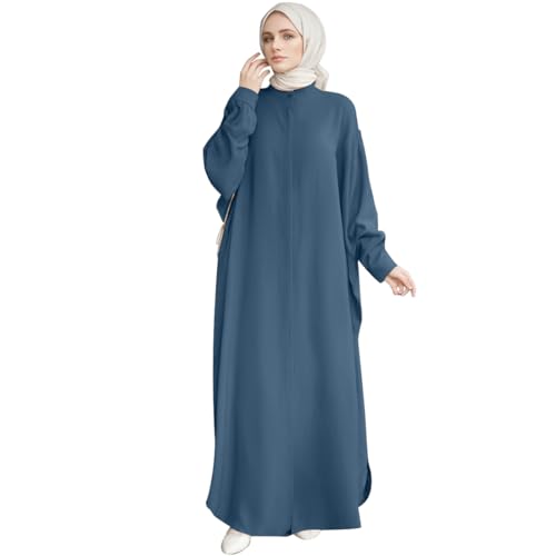 AWIBMK Women Abayas Dubai Kaftan Henley Shirt Prayer Maxi Dress Muslim Batwing Sleeve Ramadan Islamic Clothes - Blue - One Size