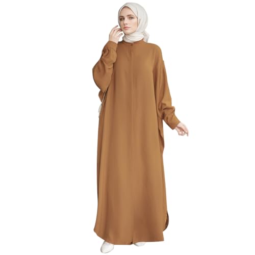 AWIBMK Women Abayas Dubai Kaftan Henley Shirt Prayer Maxi Dress Muslim Batwing Sleeve Ramadan Islamic Clothes - Light Brown - One Size