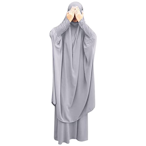 Prayer Clothes for Muslim Women Islamic Abaya Suit Maxi Skirt + Khimar Hijab 2pcss Burka Jilbab Kaftan - Grey - One Size
