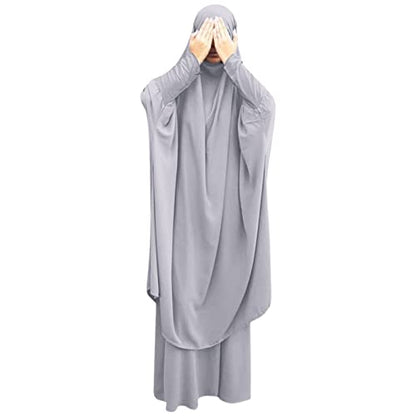 Prayer Clothes for Muslim Women Islamic Abaya Suit Maxi Skirt + Khimar Hijab 2pcss Burka Jilbab Kaftan - Grey - One Size