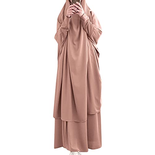 Prayer Clothes for Muslim Women Islamic Abaya Suit Maxi Skirt + Khimar Hijab 2pcss Burka Jilbab Kaftan - Khaki - One Size