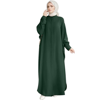 AWIBMK Women Abayas Dubai Kaftan Henley Shirt Prayer Maxi Dress Muslim Batwing Sleeve Ramadan Islamic Clothes - Dark Green - One Size