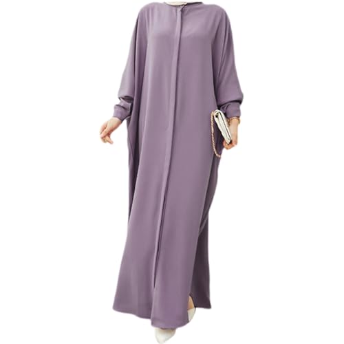 AWIBMK Women Abayas Dubai Kaftan Henley Shirt Prayer Maxi Dress Muslim Batwing Sleeve Ramadan Islamic Clothes - Light Purple - One Size