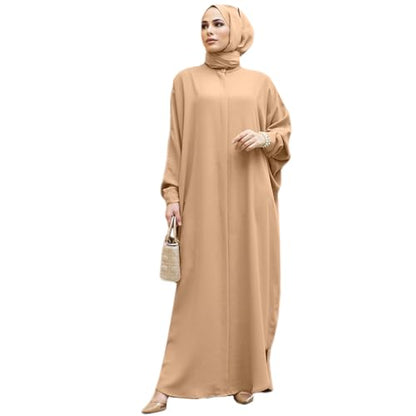 AWIBMK Women Abayas Dubai Kaftan Henley Shirt Prayer Maxi Dress Muslim Batwing Sleeve Ramadan Islamic Clothes - Khaki - One Size