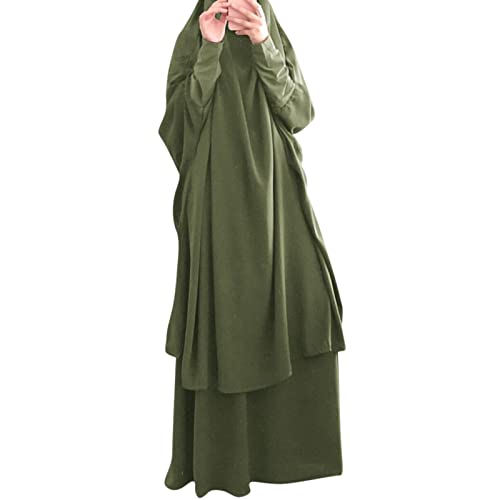 Prayer Clothes for Muslim Women Islamic Abaya Suit Maxi Skirt + Khimar Hijab 2pcss Burka Jilbab Kaftan - Army Green - One Size