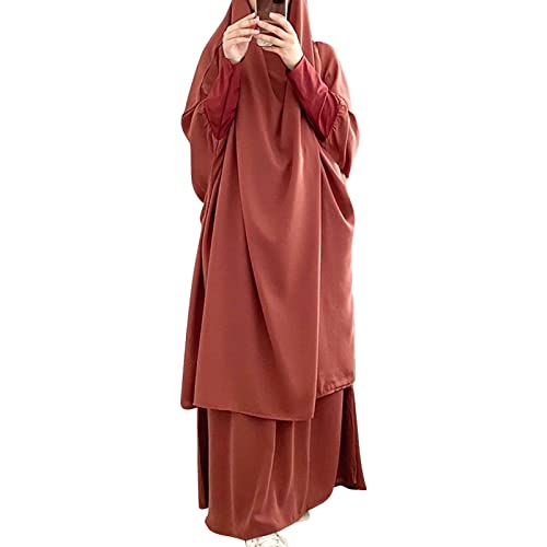 Prayer Clothes for Muslim Women Islamic Abaya Suit Maxi Skirt + Khimar Hijab 2pcss Burka Jilbab Kaftan - Orange - One Size