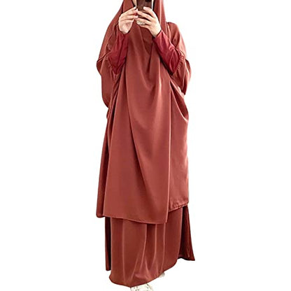 Prayer Clothes for Muslim Women Islamic Abaya Suit Maxi Skirt + Khimar Hijab 2pcss Burka Jilbab Kaftan - Orange - One Size