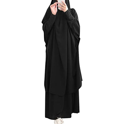 Prayer Clothes for Muslim Women Islamic Abaya Suit Maxi Skirt + Khimar Hijab 2pcss Burka Jilbab Kaftan - Black - One Size