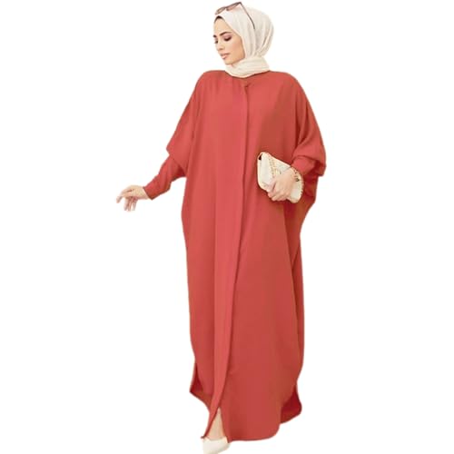 AWIBMK Women Abayas Dubai Kaftan Henley Shirt Prayer Maxi Dress Muslim Batwing Sleeve Ramadan Islamic Clothes - Brick Red - One Size