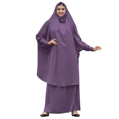 Prayer Clothes for Muslim Women Islamic Abaya Suit Maxi Skirt + Khimar Hijab 2pcss Burka Jilbab Kaftan - Dark Purple - One Size