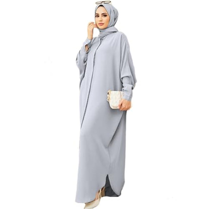 AWIBMK Women Abayas Dubai Kaftan Henley Shirt Prayer Maxi Dress Muslim Batwing Sleeve Ramadan Islamic Clothes - Gray - One Size