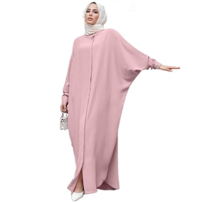 AWIBMK Women Abayas Dubai Kaftan Henley Shirt Prayer Maxi Dress Muslim Batwing Sleeve Ramadan Islamic Clothes - Pink - One Size