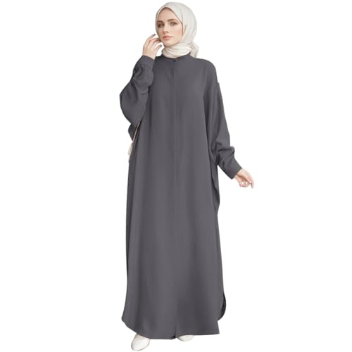 AWIBMK Women Abayas Dubai Kaftan Henley Shirt Prayer Maxi Dress Muslim Batwing Sleeve Ramadan Islamic Clothes - Dark Grey - One Size