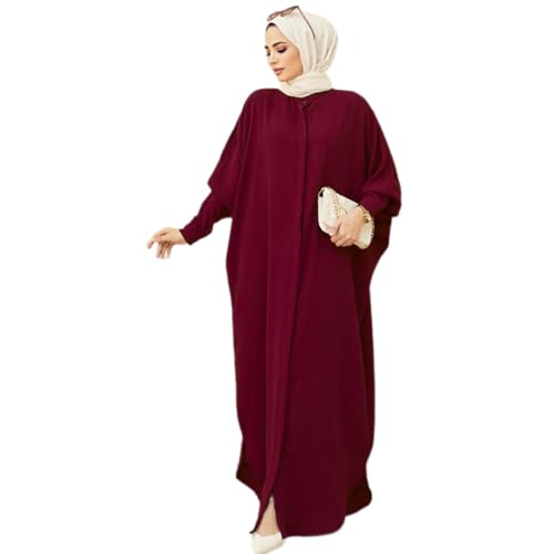 AWIBMK Women Abayas Dubai Kaftan Henley Shirt Prayer Maxi Dress Muslim Batwing Sleeve Ramadan Islamic Clothes - Claret - One Size