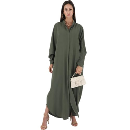 AWIBMK Women Abayas Dubai Kaftan Henley Shirt Prayer Maxi Dress Muslim Batwing Sleeve Ramadan Islamic Clothes - Olive Green - One Size