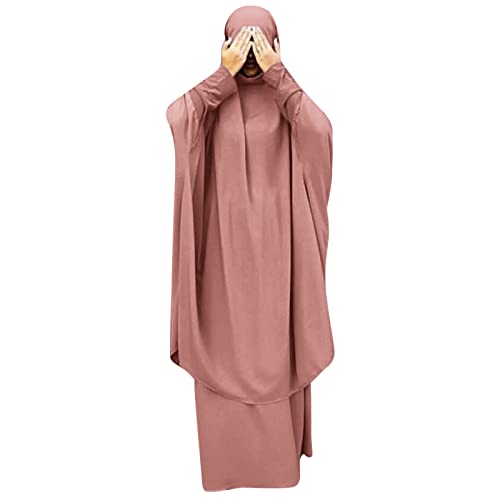 Prayer Clothes for Muslim Women Islamic Abaya Suit Maxi Skirt + Khimar Hijab 2pcss Burka Jilbab Kaftan - Pink - One Size
