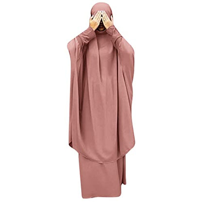 Prayer Clothes for Muslim Women Islamic Abaya Suit Maxi Skirt + Khimar Hijab 2pcss Burka Jilbab Kaftan - Pink - One Size