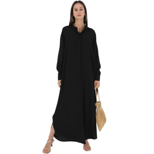 AWIBMK Women Abayas Dubai Kaftan Henley Shirt Prayer Maxi Dress Muslim Batwing Sleeve Ramadan Islamic Clothes - Black - One Size