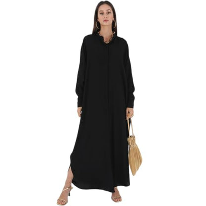 AWIBMK Women Abayas Dubai Kaftan Henley Shirt Prayer Maxi Dress Muslim Batwing Sleeve Ramadan Islamic Clothes - Black - One Size
