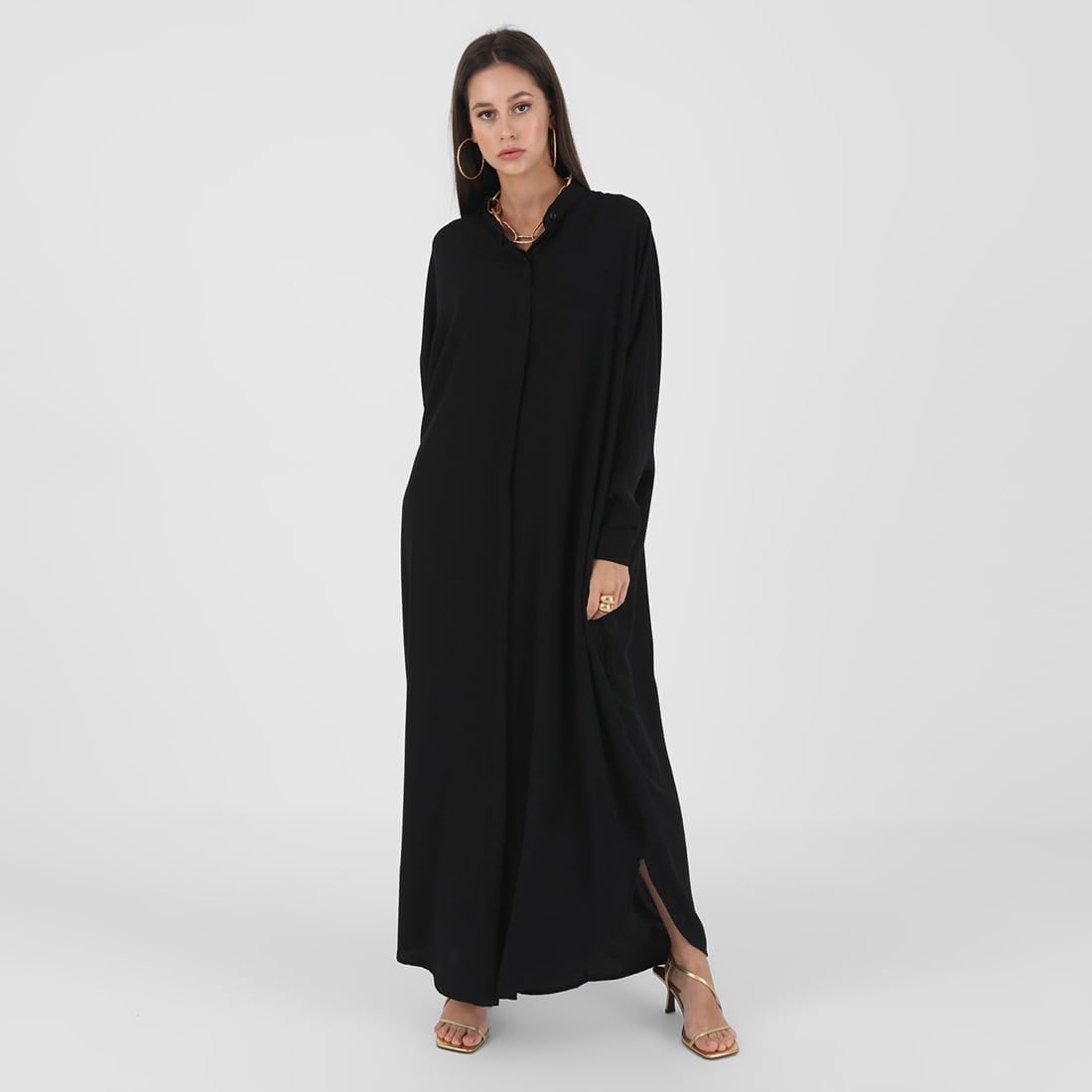 AWIBMK Women Abayas Dubai Kaftan Henley Shirt Prayer Maxi Dress Muslim Batwing Sleeve Ramadan Islamic Clothes