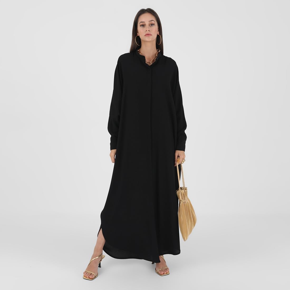 AWIBMK Women Abayas Dubai Kaftan Henley Shirt Prayer Maxi Dress Muslim Batwing Sleeve Ramadan Islamic Clothes