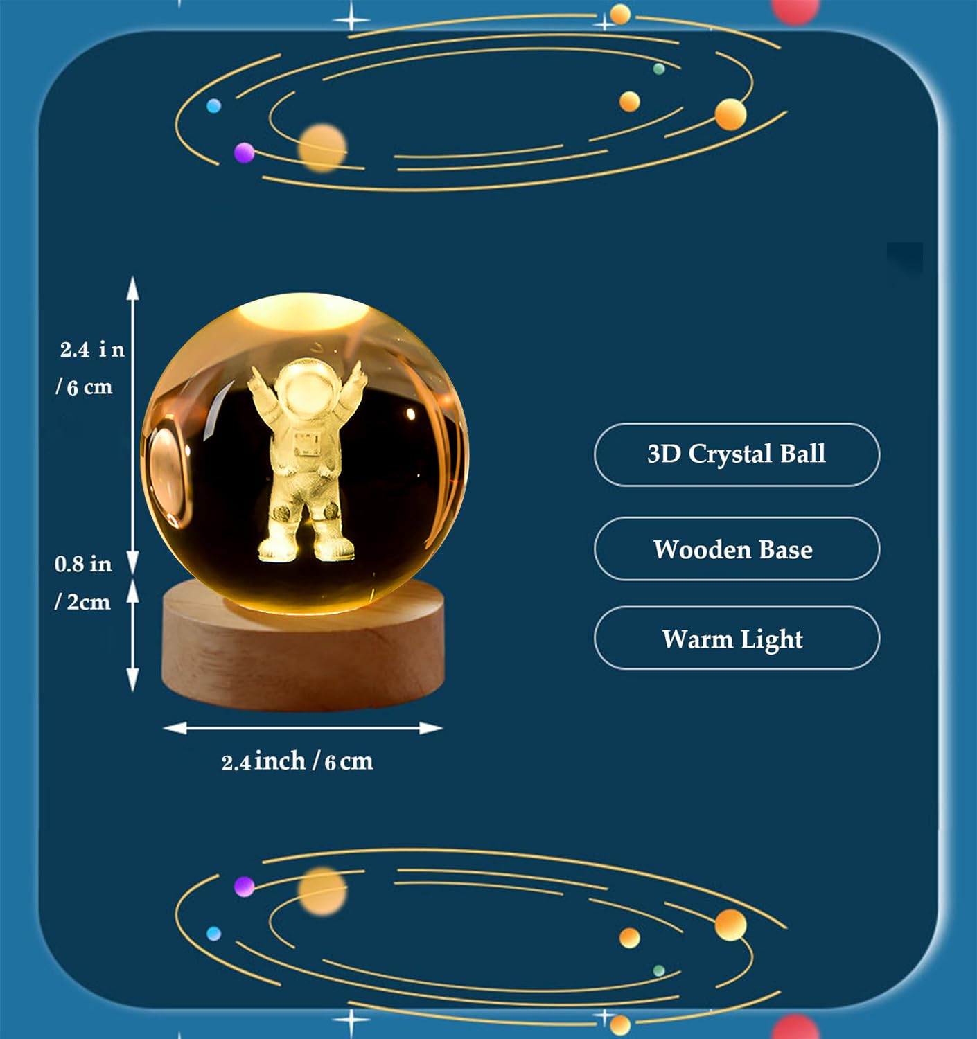 Nnewvante 3D Solar System Crystal Ball Night Light for Kids with Wood Base - LED Galaxy Planet Lamp, Fantasy Decor Gifts for Boys Girls (Saturn)