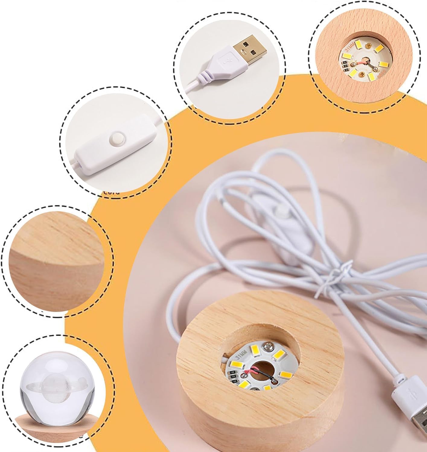 Nnewvante 3D Solar System Crystal Ball Night Light for Kids with Wood Base - LED Galaxy Planet Lamp, Fantasy Decor Gifts for Boys Girls (Saturn)