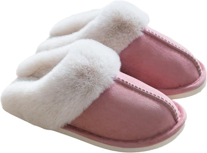 LIWEGHT Fuzzy Memory Foam Slippers for Women Men - Fluffy Winter House Suede With Faux Fur Collar - Indoor Outdoor