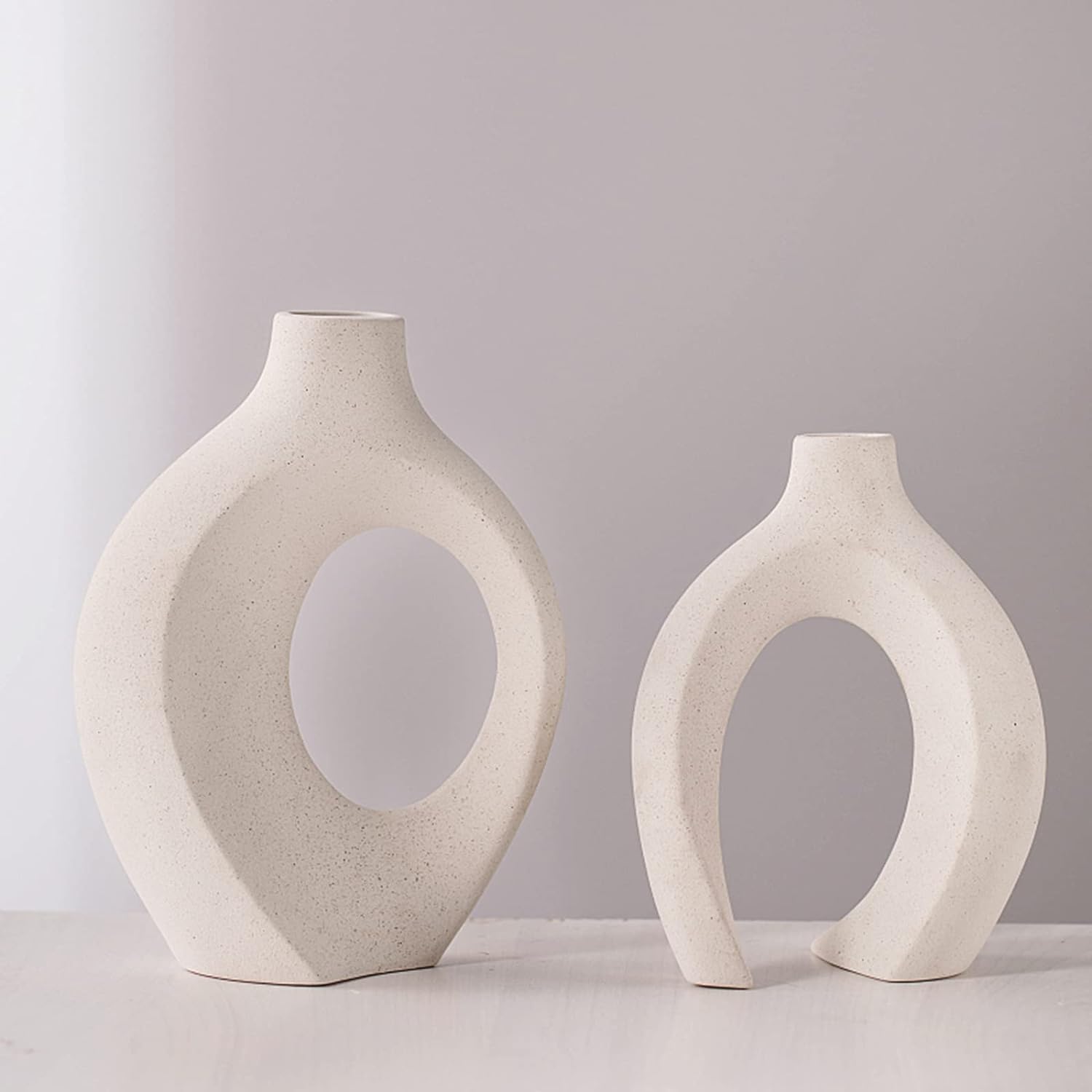 Off White Hollow Ceramic Vase, Round Modern Vase for Nordic Minimalist Book Style Shelf Decor, Donut Boho Aesthetic Vases for Trendy Home Living Room