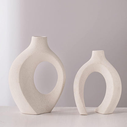 Off White Hollow Ceramic Vase, Round Modern Vase for Nordic Minimalist Book Style Shelf Decor, Donut Boho Aesthetic Vases for Trendy Home Living Room