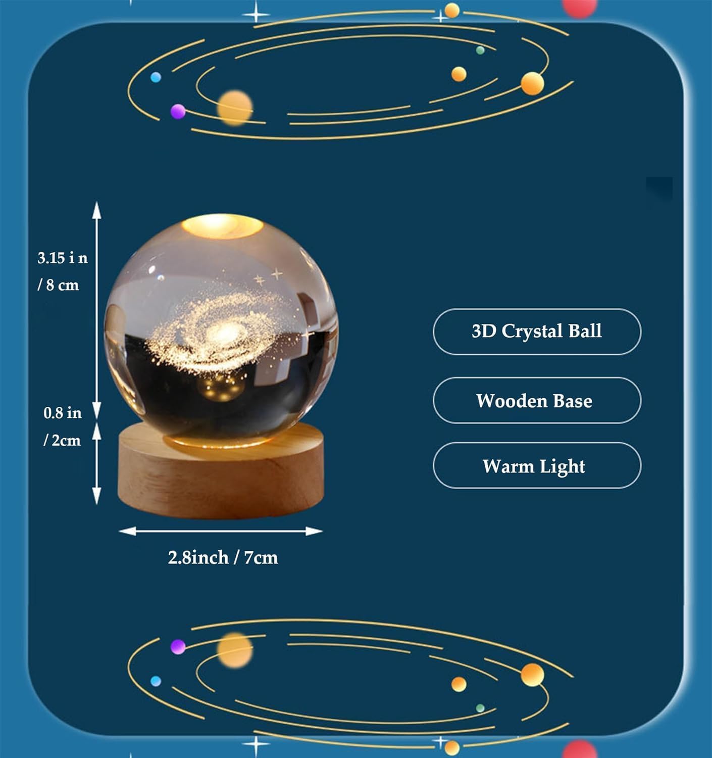 Nnewvante 3D Solar System Crystal Ball Night Light for Kids with Wood Base - LED Galaxy Planet Lamp, Fantasy Decor Gifts for Boys Girls (Saturn)