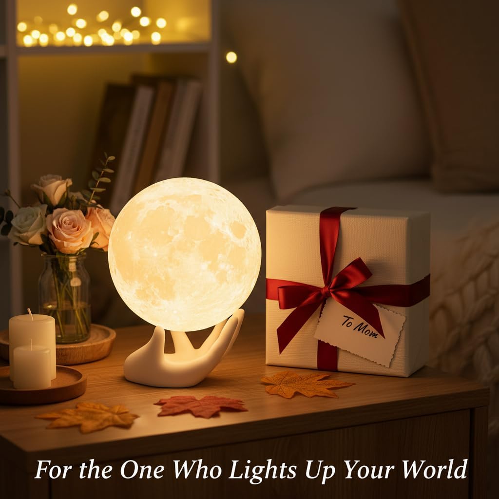 Mydethun Moon Lamp - Home Décor, Mood Lighting with Brightness Control, LED Night Light, Bedroom, Sleep Training Meditation,Birthday Gifts for Kids Women, Ceramic Hand Base, 3.5", White & Yellow
