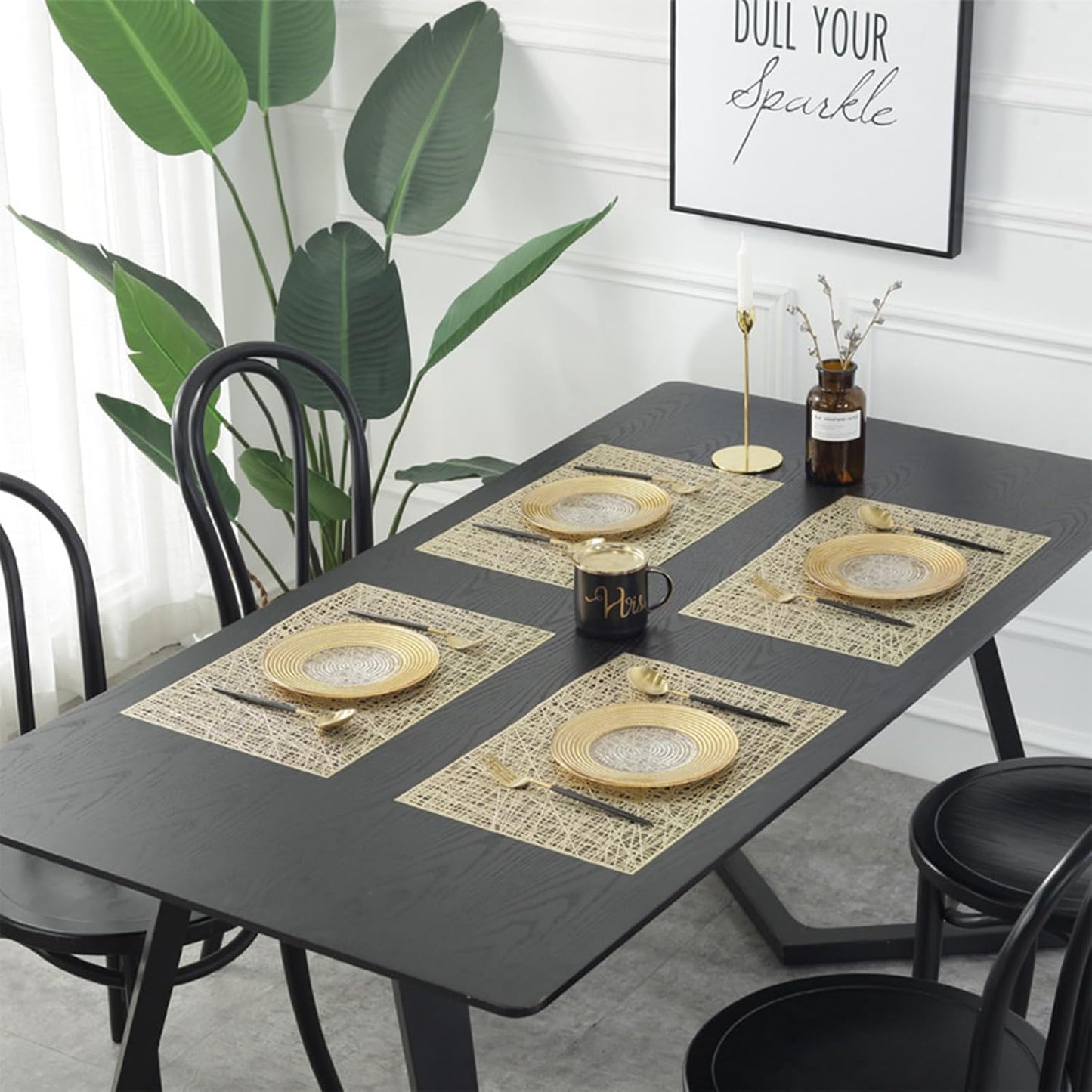 Gold Rectangle Placemats Set of 4, 12‘’ x 17‘’Vinyl Placemats Wipeable,Easy to Clean Non Slip Stain Heat Resistant Washable,Morden Luxury Placemats for Dining, Wedding, Party, Festival(Gold)