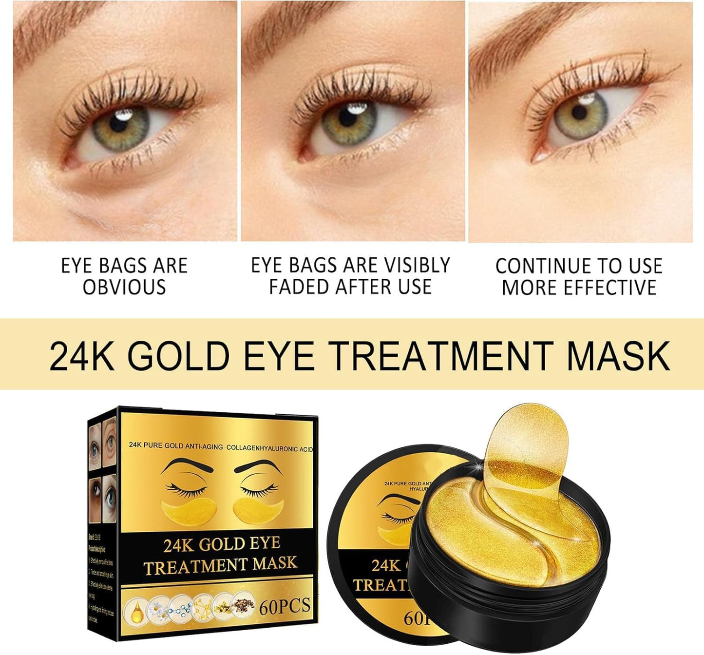 Luxurious 24k Gold Eye Treatment Mask - Collagen & Hyaluronic Acid Enriched, Reduces Dark Circles, Puffiness, and Wrinkles, Provides Long-Lasting Moisturizing Effect, Enhances Eye Area Glow