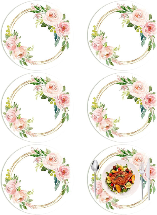 6 Pcs Pink Rose Floral Round Placemats, Washable Plastic Place Mats Spring Summer Floral Table Mats for Indoor Outdoor Kitchen Restaurant Party Wedding Anniversary Decoration(13.4 Inch)