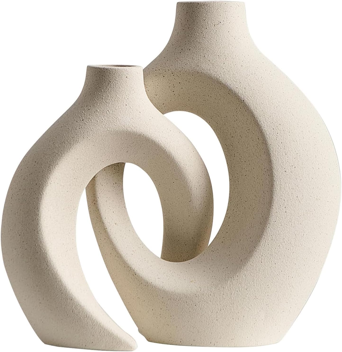 Off White Hollow Ceramic Vase, Round Modern Vase for Nordic Minimalist Book Style Shelf Decor, Donut Boho Aesthetic Vases for Trendy Home Living Room