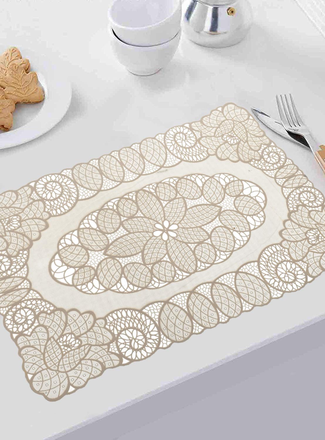 Kuber Industries Floral Design Virgin Viny Soft Fabric 6 Pieces Dining Table Round Placemat Set, Gold - CTKTC045907(Microfibre)