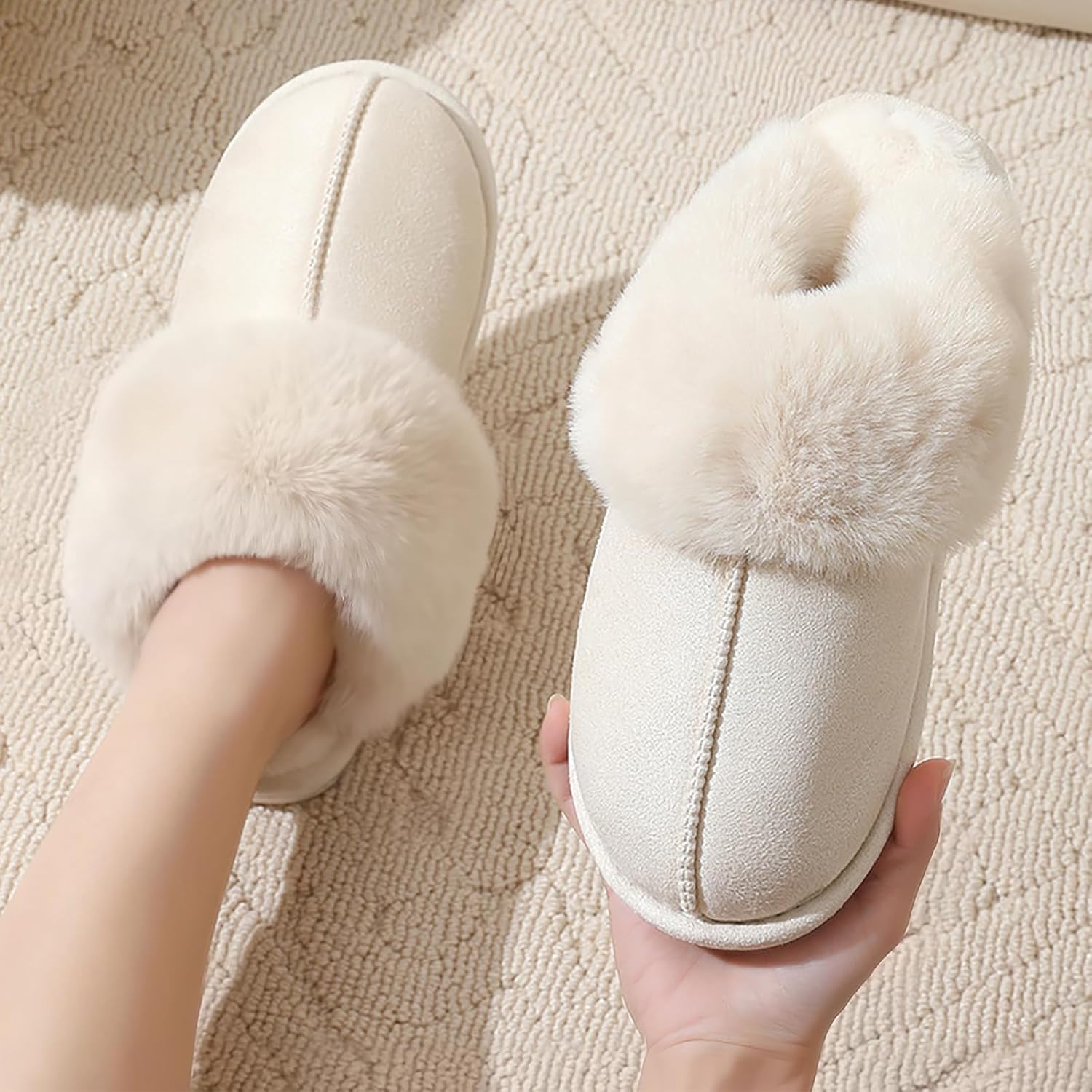 Women's Winter Slippers Plush Fuzzy House Bedroom Slippers, Warm Non-Slip Indoor Outdoor Shoes for Couples