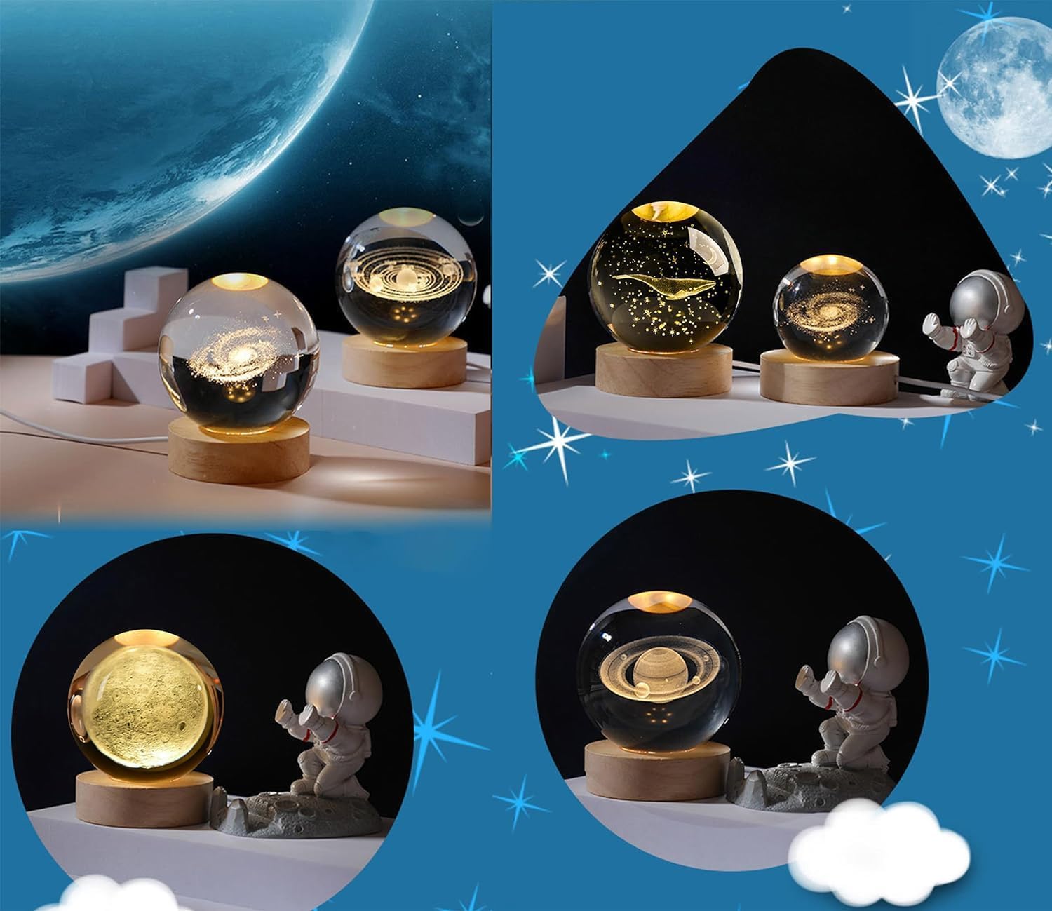 Nnewvante 3D Solar System Crystal Ball Night Light for Kids with Wood Base - LED Galaxy Planet Lamp, Fantasy Decor Gifts for Boys Girls (Saturn)