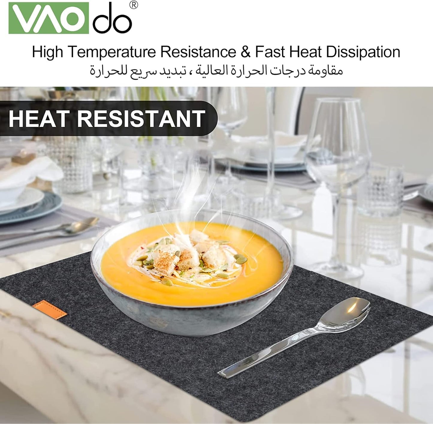 VAODO 24 Pcs Felt Placemats for Dining Table, Non-Slip and Heat-Resistant Placemats Set of 8, Contains 8 Placemats, 8 Coasters and 8 Cutlery Bags, Suitable for Gathering, Friends Party, Dark Gray